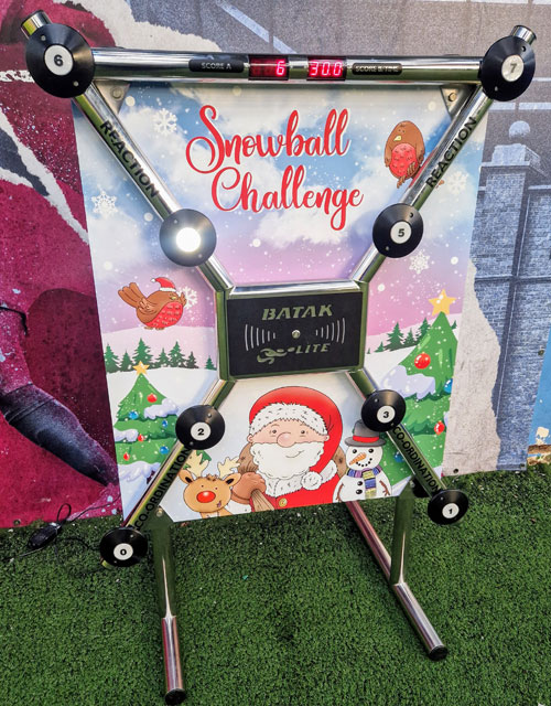 Snowball themed Batak reaction speed game for hire for your Christmas party from Lichfield Entertainments UK