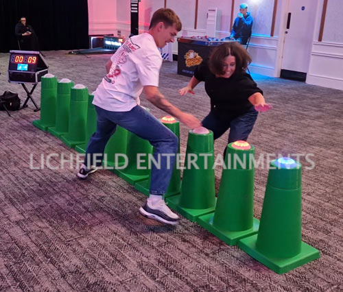 Reaction speed cones arranged closely together for a compact event game